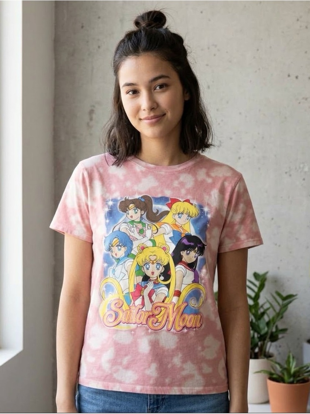 Sailor Moon Girls' Pink Tie-Dye Graphic Tee